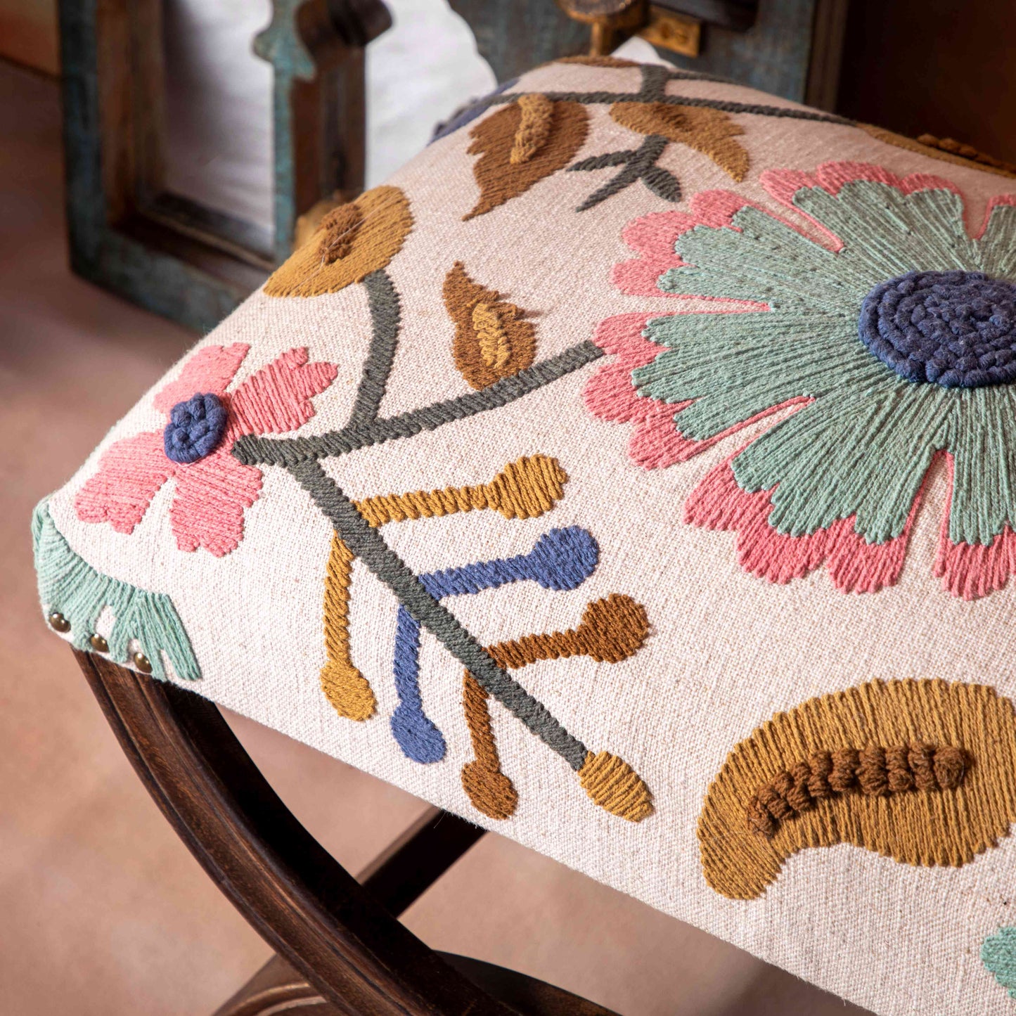 Floral Stool Table - White