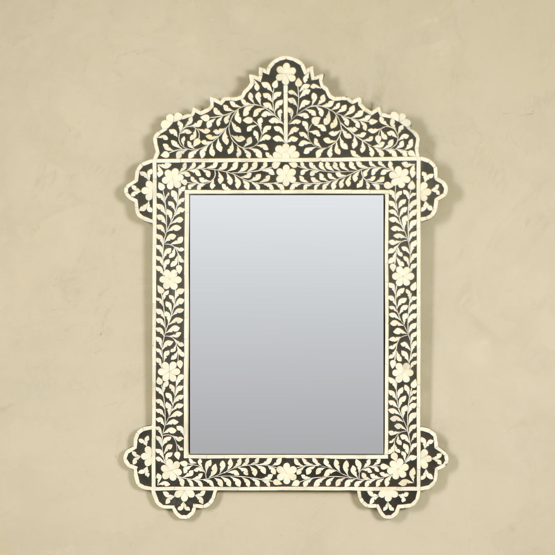 Floral Bone Inlay Mirror - Black