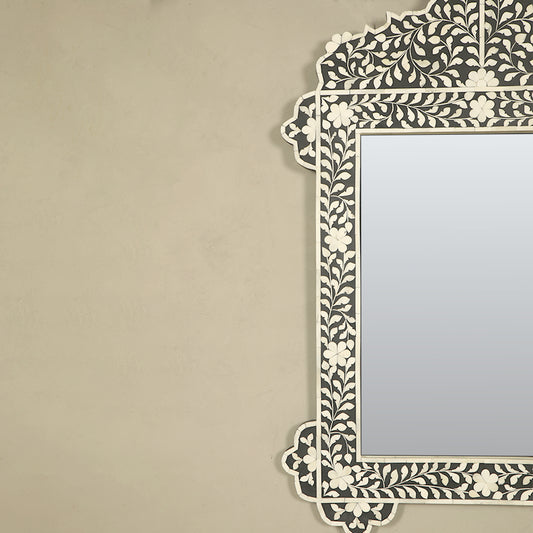 Floral Bone Inlay Mirror - Black