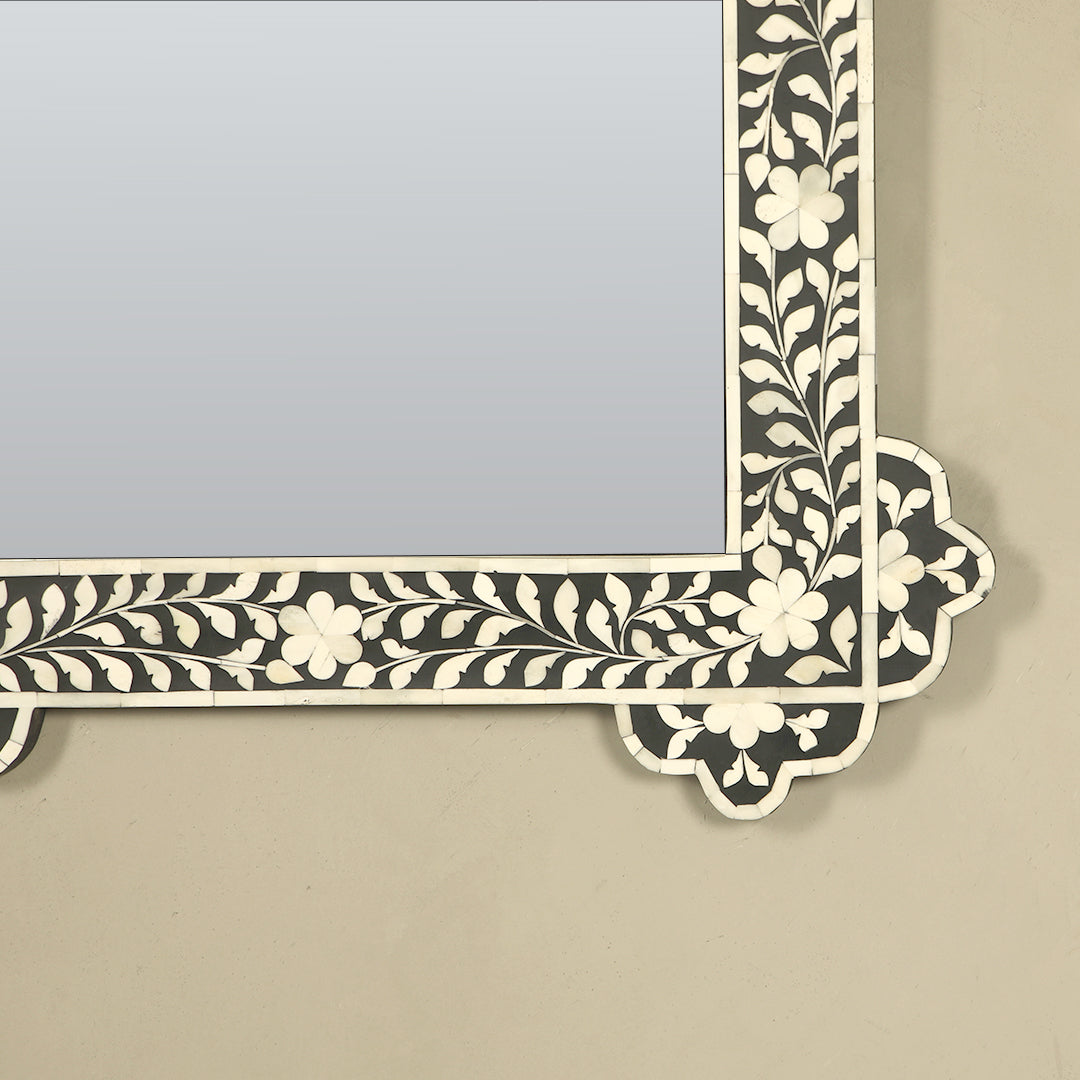 Floral Bone Inlay Mirror - Black