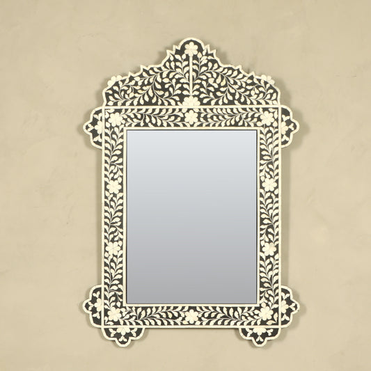 Floral Bone Inlay Mirror - Black