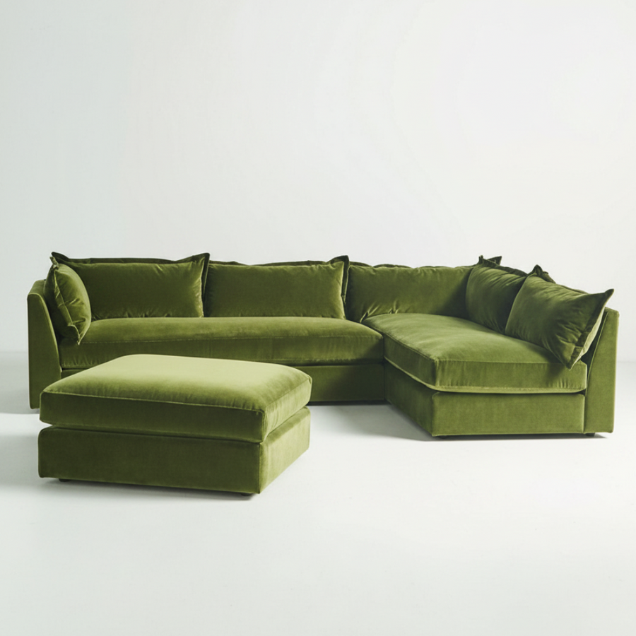 Velvet Sectional — Olive Green L-Shape, made to order by Peacock Life
