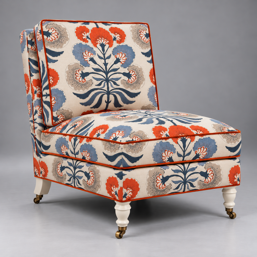 Gulmohar Slipper Chair – angled view showing rust piping