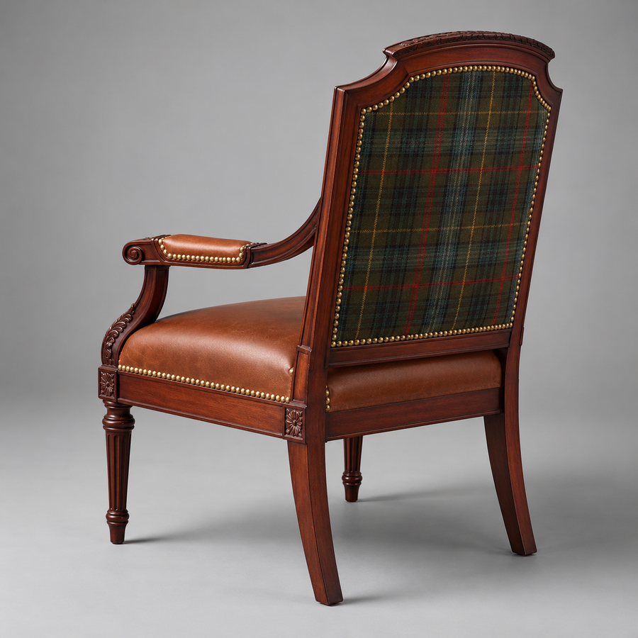 Highland Carver Chair – rear view showing tartan back