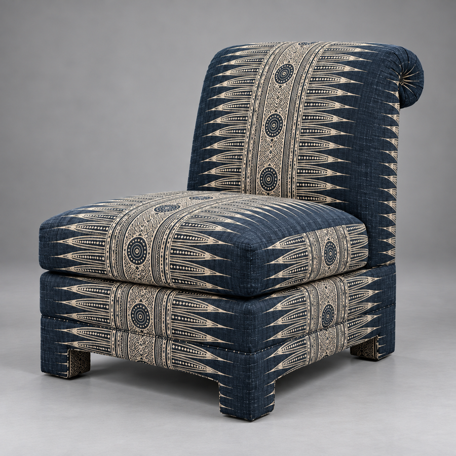 Indigo Slipper Chair – angled view showing rolled scroll back