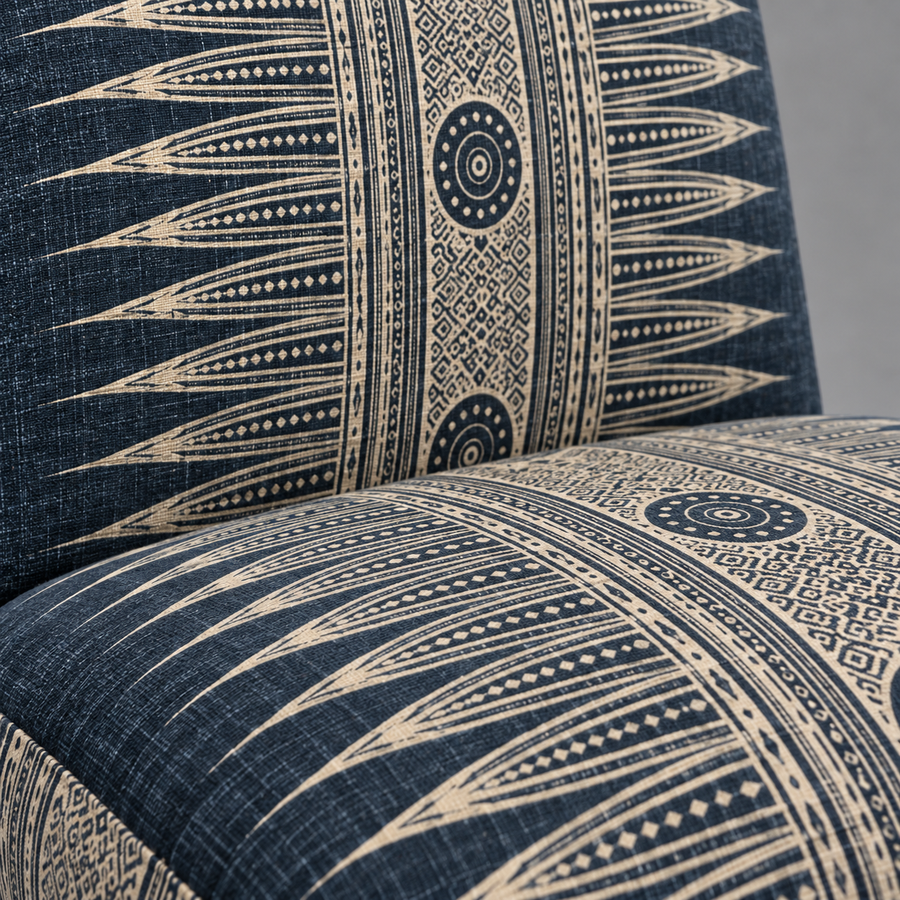 Indigo Slipper Chair – close-up of indigo and sand printed upholstery