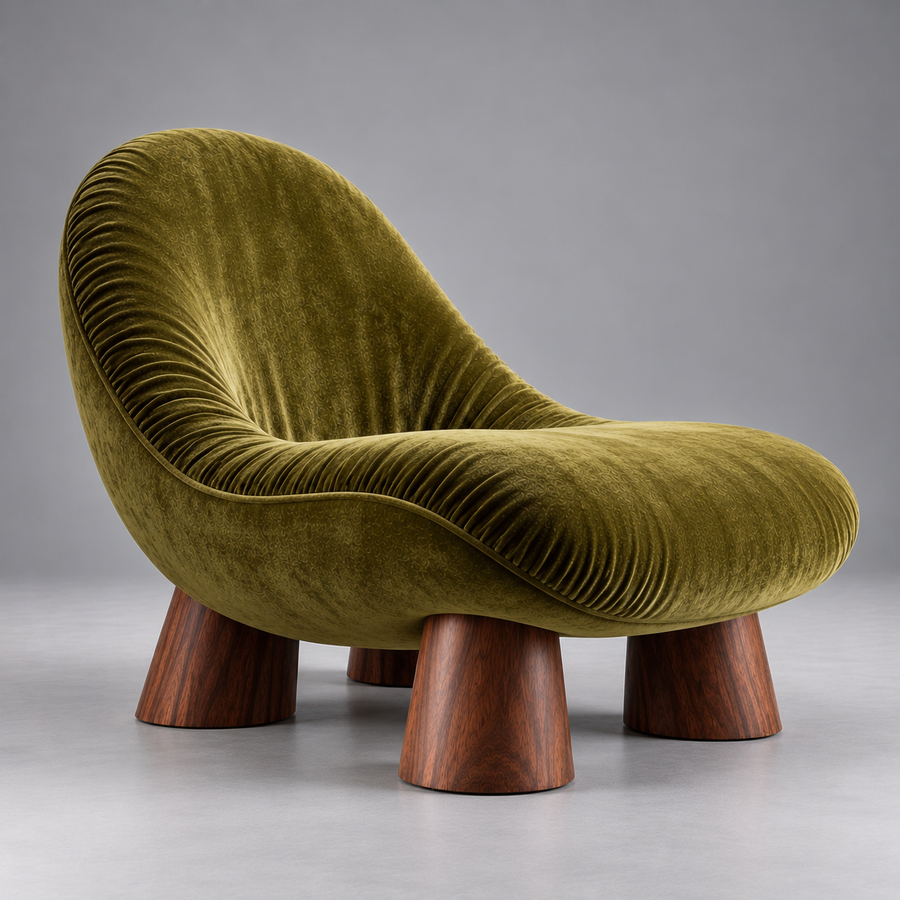 Moss Pebble Chair – angled view showing ruched velvet