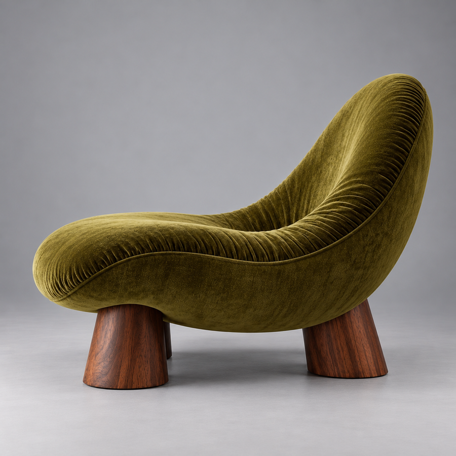 Moss Pebble Chair – side view showing walnut-finish legs