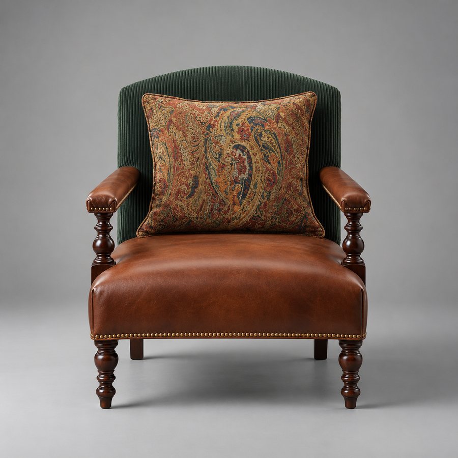 Oxford Club Chair – front view with paisley cushion