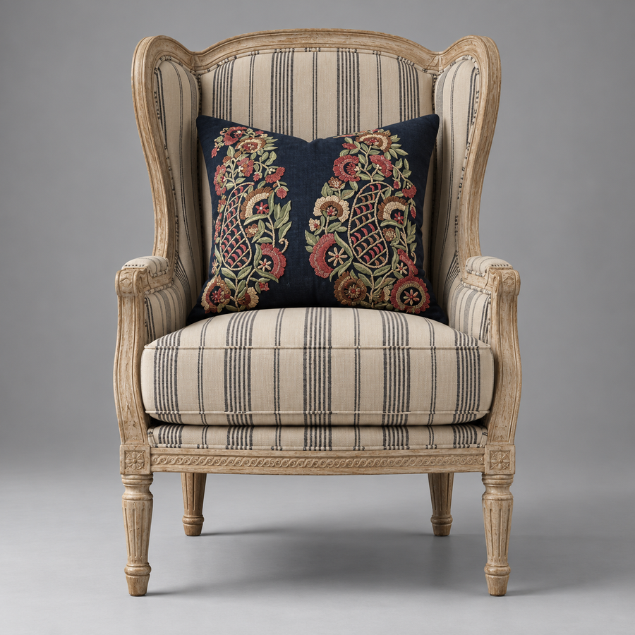 Provence Wingback Chair – front view with embroidered paisley cushion