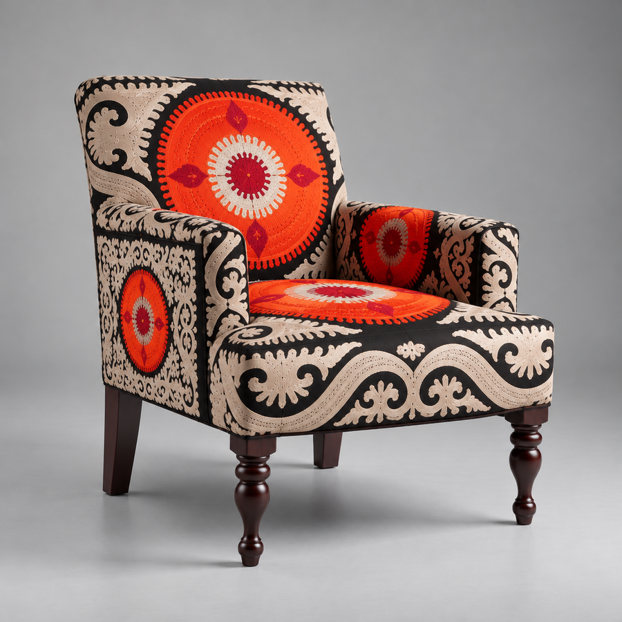 Samarkand Suzani Armchair – angled view showing embroidered arm